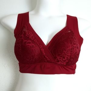 Women's Red Crop Top Bra Burgundy Minimizer Wire free Padded Lace Size L